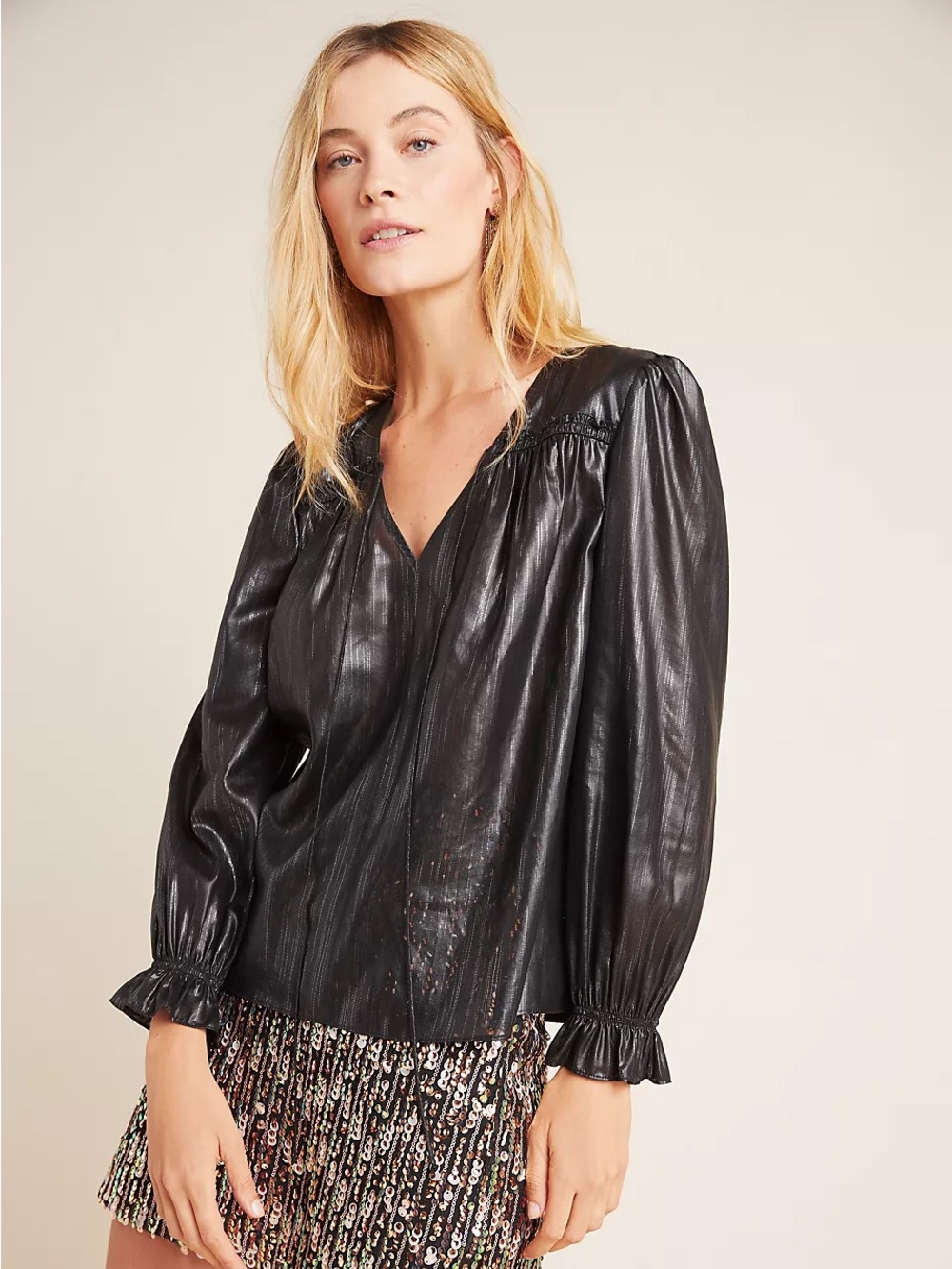 Anthropologie Current Air Bristol Blouse Black Metallic Puff Sleeve Luxury Small